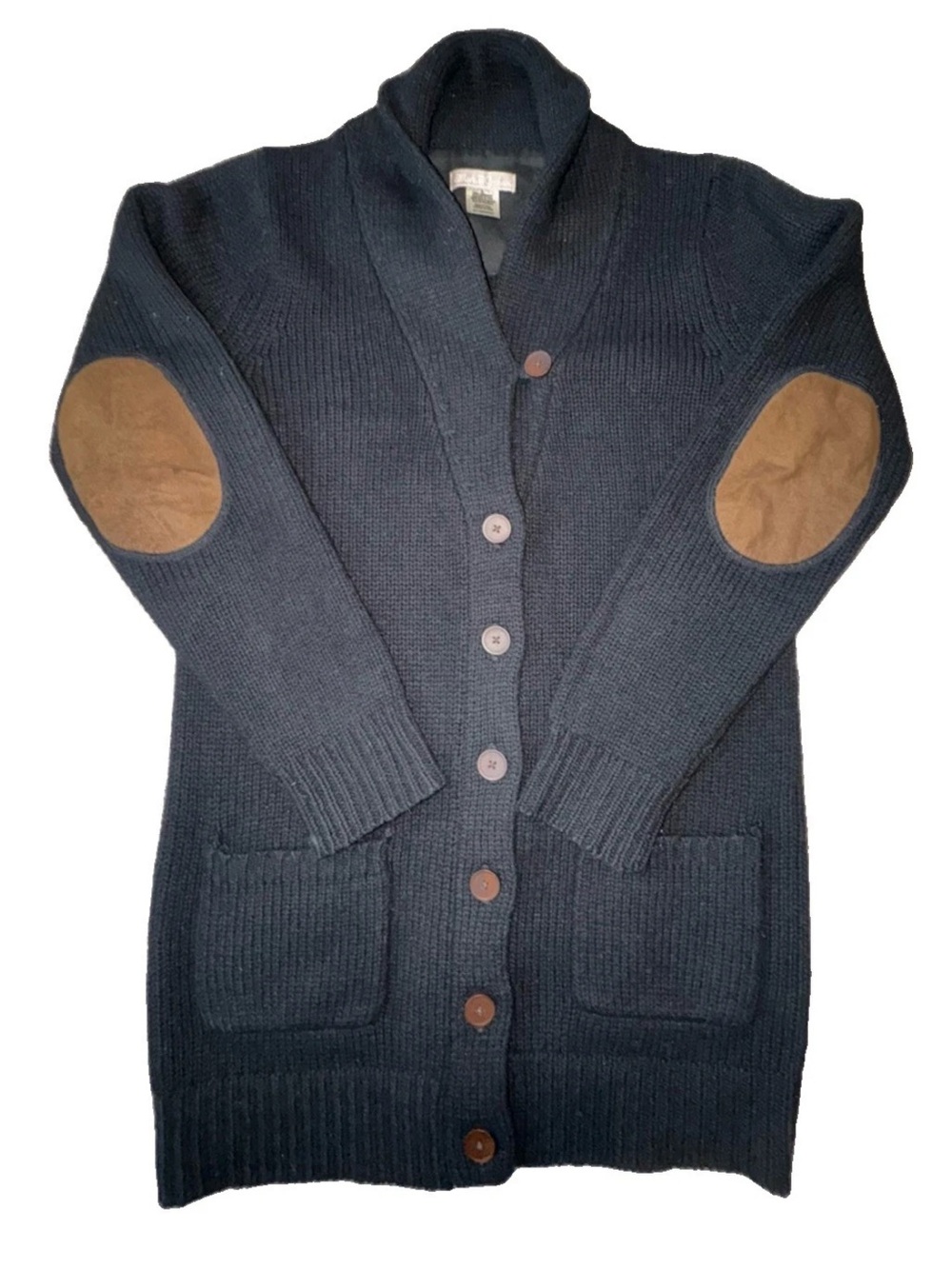 Mark & Graham 100% Lambswool Shawl Collar Cardigan Navy Elbow Patch Small